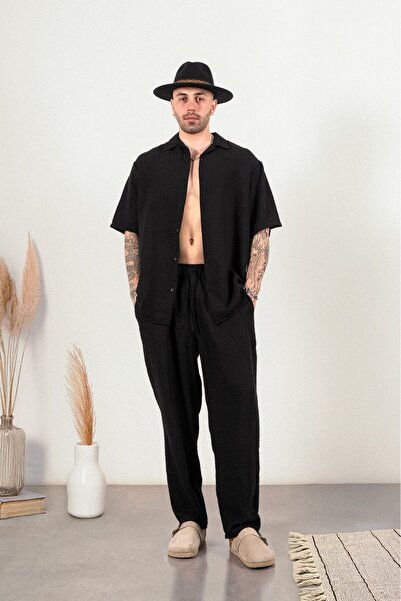 Twobucks طقم قميص وبنطلون رجالي من الكتان الناعم باللون الأسود