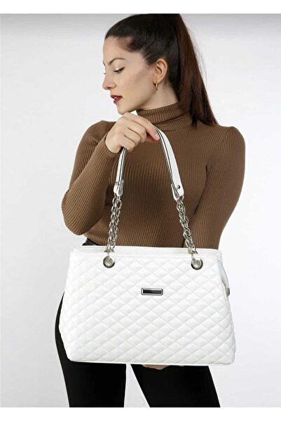 PLATSO Geantă de umăr pentru femei de culoare albă cu curea subțire cu lanț m...