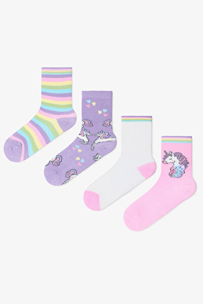 Penti Kız Çocuk Çizgili Unicorn Desenli Pamuklu 4'lü Soket Çorap