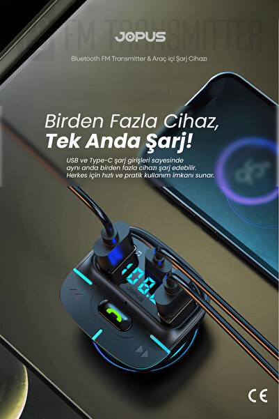 Jopus Bluetooth FM Transmitter Araç Kiti, Hızlı Şarj,USB, Type-C, HD Mikrofon