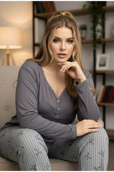 Siyah İnci Gray Pattern Curve Large Size Battal Size Cotton Pajamas Suit25240833