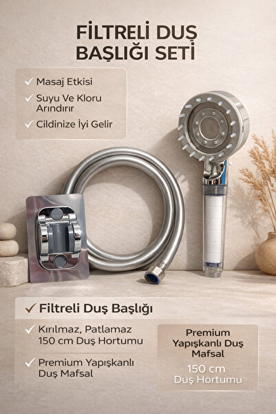 SUVİA Filtreli Duş Başlığı Masaj Etkili PVC Hortum Yapışkanlı Askı Klor Arınd...