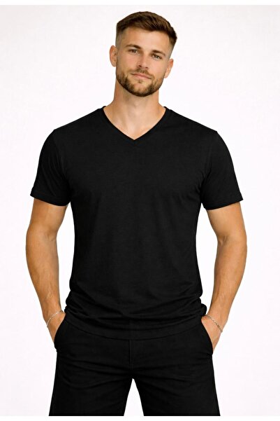 AXXEL Erkek Siyah V Yaka Kısa Kollu-d804