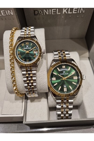 Daniel Klein سوار من الفولاذ الأصفر، قرص أخضر، ساعة يد للزوجين، عبوة من قطعتين