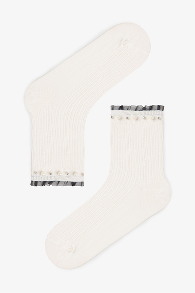 Penti Pamuklu Bilek Kısmı İnci Detaylı ve Tül Fırfırlı Soket Çorap
