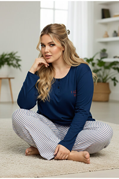 Siyah İnci بدلة بيجامة قطنية كبيرة الحجم منقوشة باللون الأزرق الداكن25240772