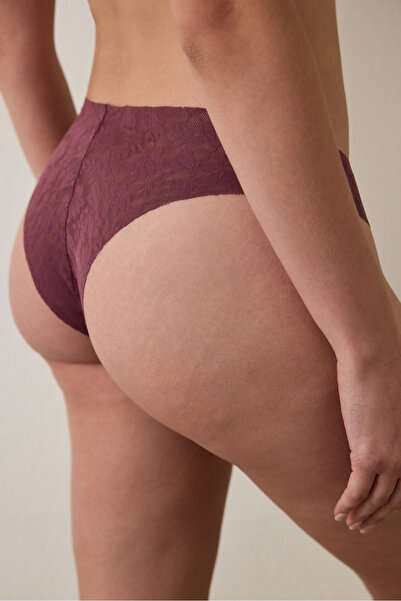 Penti Burgundy Floral Lace Non-Marking Laser Cut Brazilian Panties