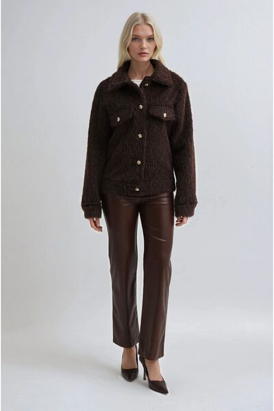Lijuri Kahverengi Önü Süs Cepli Kürk Ceket 7101