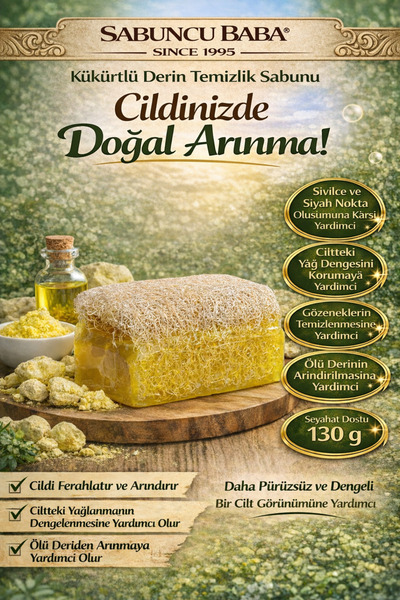 SABUNCU BABA - Doğal Kabak Lifli Kükürtlü Sabun - 130 GR. Arındırıcı & Dengel...
