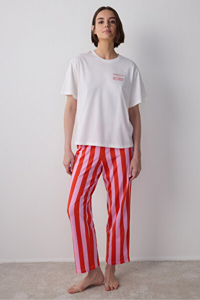 Penti Mercan Chill Day Bisiklet Yaka Çizgili Pamuklu Kısa Kol Pijama Takımı