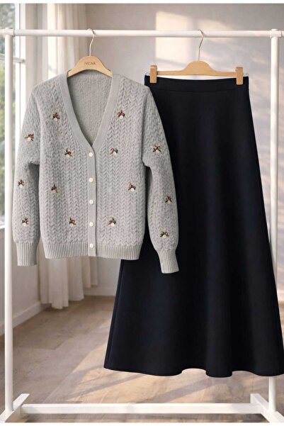 MODA VEDAT Set de tricotaje cu broderie florală pentru femei, cardigan și fus...