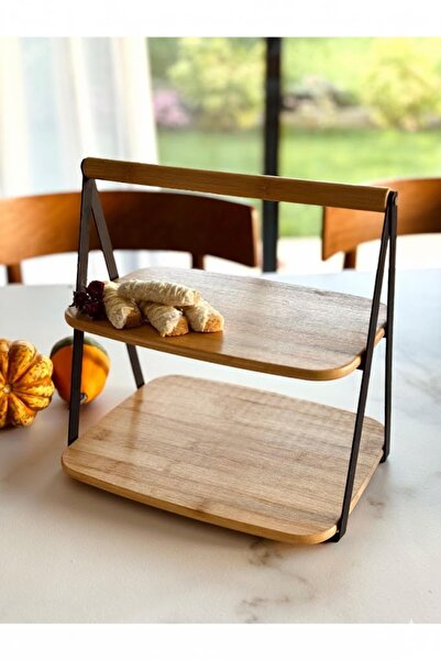 Vovo Concept 2 Katlı Siyah Metal Çerçeveli Bambu Sunumluk