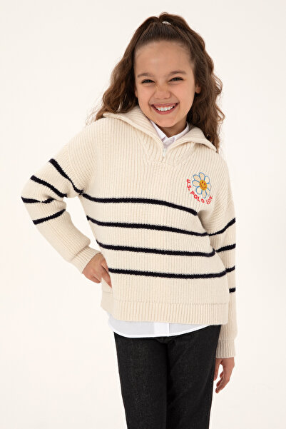 U.S. Polo Assn. Kız Çocuk Krem Polo Yaka Yarım Fermuarlı Kazak 50316289-VR071