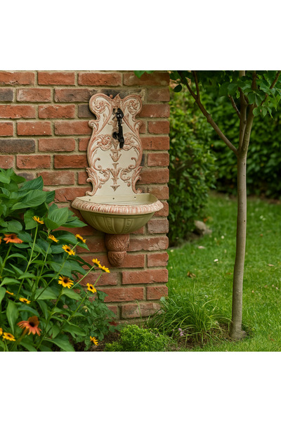 banyosepeti VintageFlora Duvar Tipi Bahçe Çeşmesi – Bej Renkli Döküm, Dekorat...