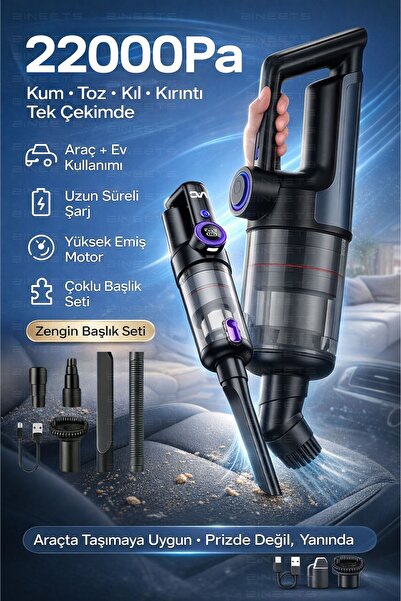 Zineets Büyük Boy 22.000Pa Süper Güçlü Dikey Işıklı Kablosuz Vakumlu Ve Üflem...