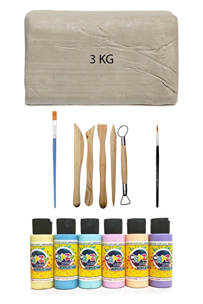 ACUTO Beyaz Seramik Hamuru 3 kg Kil Ebeşuar Seti 5 Parça 6x60 cc Akrilik Boya...