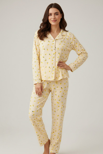 Zekalya Lemon Patterned Milan Fabric Shirt Collar Light Yellow Women's Pajama...