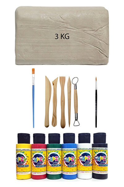 ACUTO Beyaz Seramik Hamuru 3 kg Kil Ebeşuar Seti 5 Parça 6x60 cc Akrilik Boya...