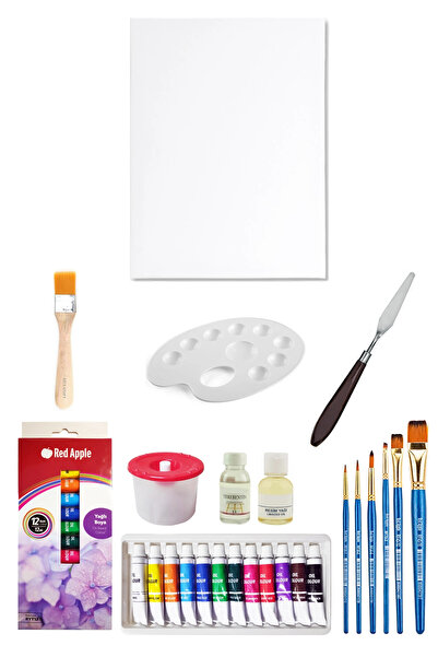 ACUTO Red Apple Tüp Yağlı Boya Seti 12 ml 12'li 35x50 Tuval Seti Metal Spatül...