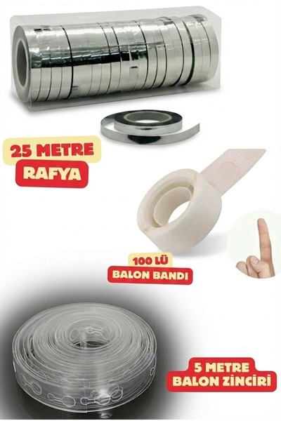 Baloncu Dede Gümüş Balon İpi Rafya 100 Lü Balon Bandı 5 Metre Balon Zinciri D...