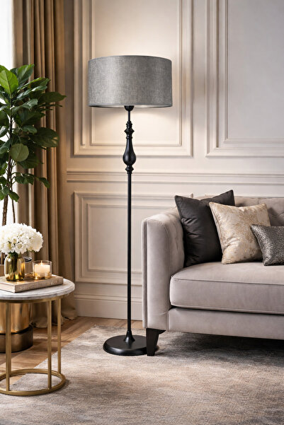 Lampada Roma Black Metal Lambader - Krom Şeritli Hasır Gri