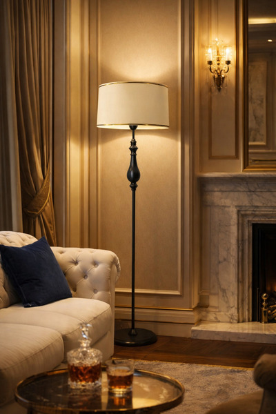 Lampada Roma Black Metal Lambader - Gold Şeritli Krem