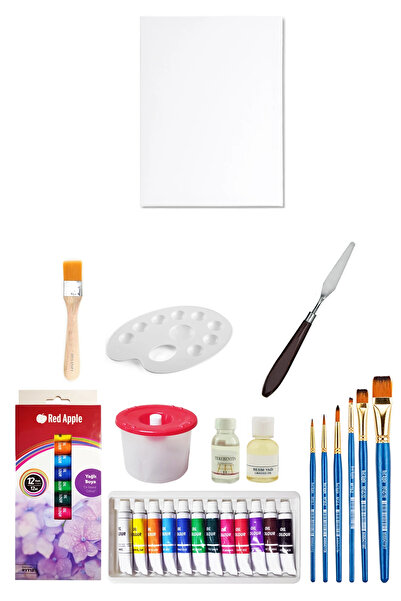 ACUTO Red Apple Tüp Yağlı Boya Seti 12 ml 12'li 25x35 Tuval Seti Metal Spatül...