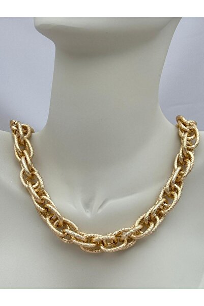 Luseda Dokulu Oval Halka Kalın Zincir 55cm Gold Kolye