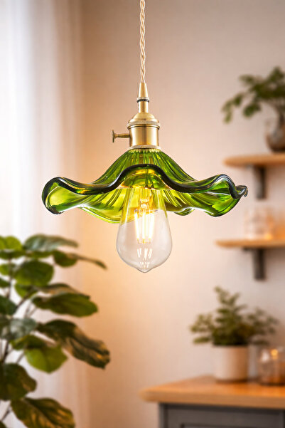 Luna Lighting Alya Model Yeşil Cam Klasik Sarkıt Tekli Avize