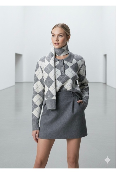 peri tower New Season Women's Diamond Pattern Knitwear Sweater & Scarf Set 0063