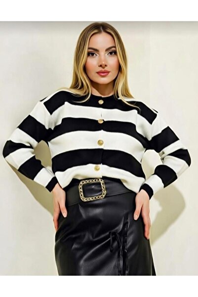 Lera Çizgili Gold Düğme Detaylı Yumuşak Ceket/Hırka