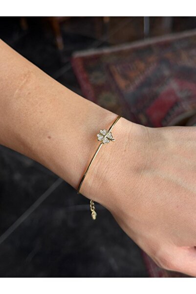 Luseda VIP Taşlı Yonca Figürlü İnce Gold Ayarlanabilir Kelepçe Bileklik