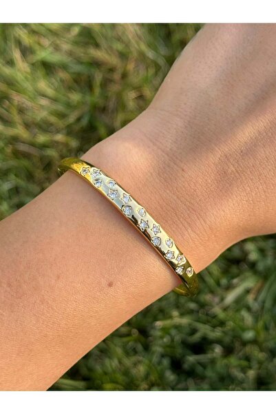 Luseda Yıldız Kalp Zirkon Taş İşlemeli Gold VIP Kelepçe Bileklik