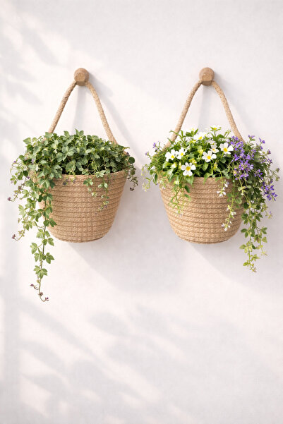 ÖRGÜM Sepet Dekoratif Mini Askı Sepet 2'Li Mini Çiçeklik ASKI VE BİTKİLER DAH...