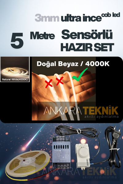 Genel Markalar 3mm. Nano Ince Hareket Sensörlü Tak Çalıştır Cob Şerit Led/ 5 ...