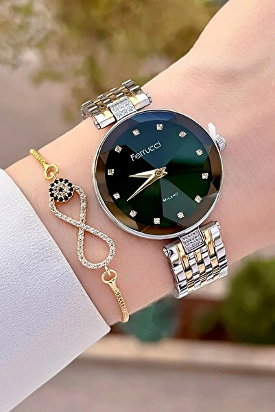 Ferrucci ساعة يد نسائية وسوار باللون الأخضر مع حزمة هدايا باللون الذهبي والفضي