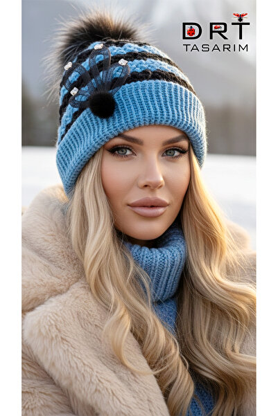 drt tasarım قبعة بونبون زرقاء سوداء مزينة بالزخارف