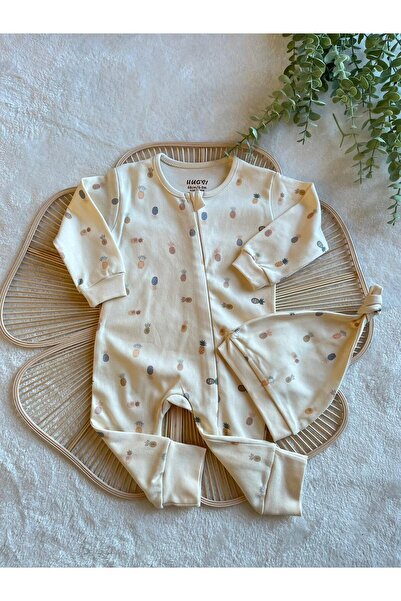 HUGS %100 Pamuk Fermuarlı Şapkalı Ananas Desenli Tulum