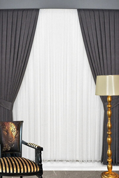 NS Ehli Tacir Antrasit Gri Pileli Fon Perde Petek Kadife Dokulu