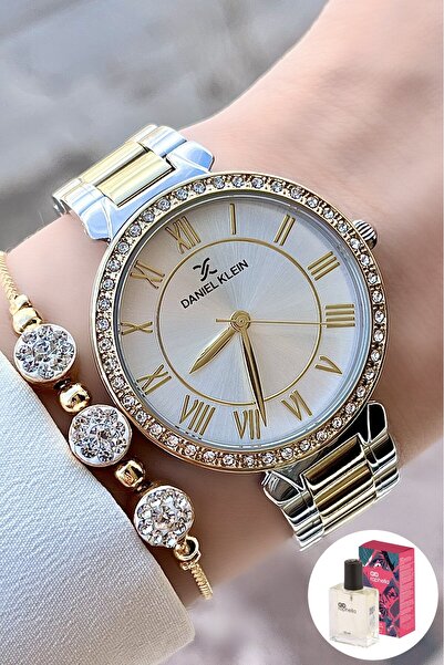 Daniel Klein Gold Gray Color Women's Wristwatch Bracelet and Gift Perfume