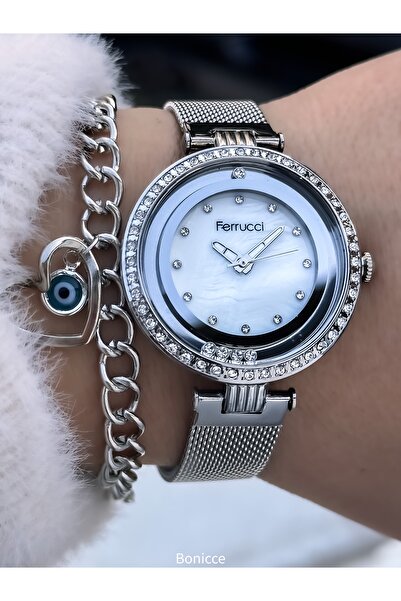 Ferrucci ساعة يد نسائية فضية اللون حديثة مع سوار خرز عين الشر