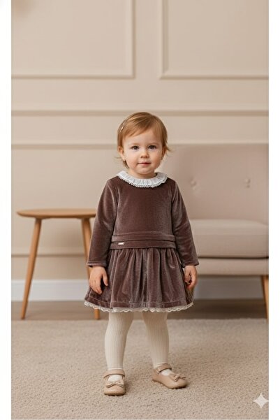 Babydola Kadife kız bebek elbise yakalı etek ucu dantelli özel tasarım