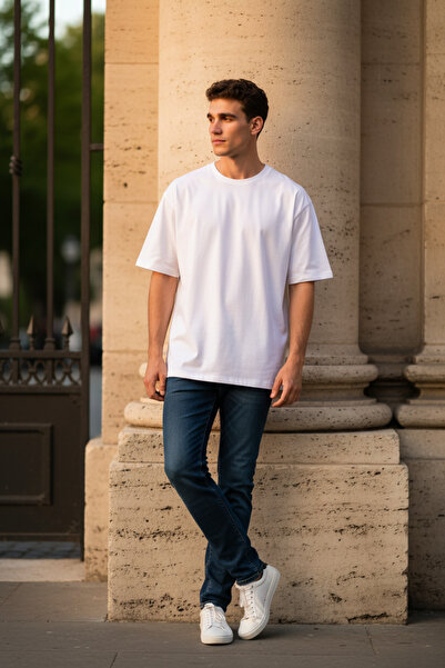 A&O Style Tricou alb pentru bărbați supradimensionat guler rotund basic din b...