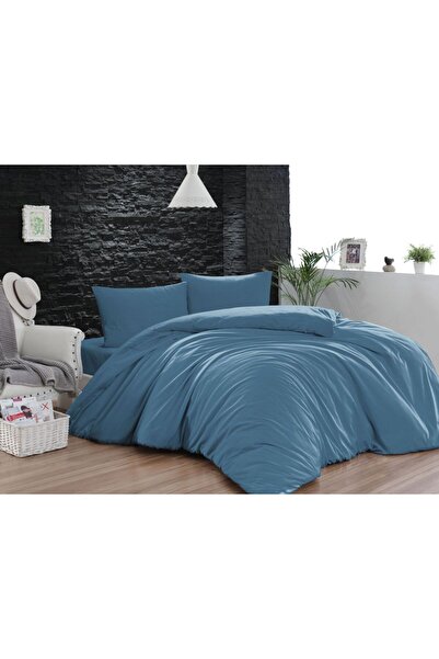 İsmail Gürel طقم غطاء لحاف قطني مفرد مع ملاءة مرنة بلون موحد - نيلي