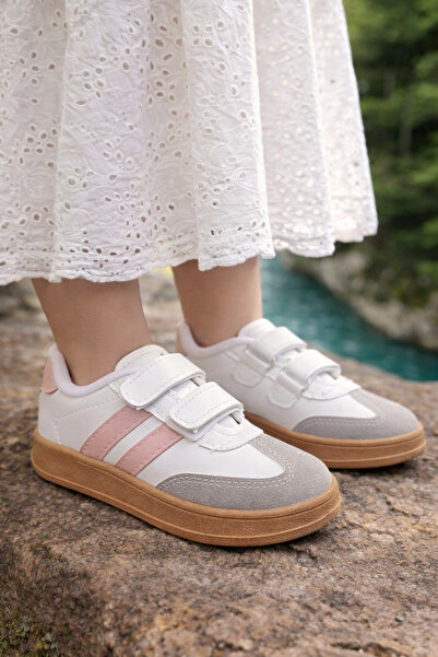 ALTUNTAŞ Girls' Velcro Non-Slip Sole Casual Sports Shoes School Shoes White Pink