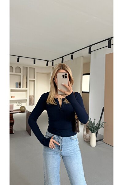 Sezgi Tekin Premium Series Buttoned Navy Blue Basic Blouse