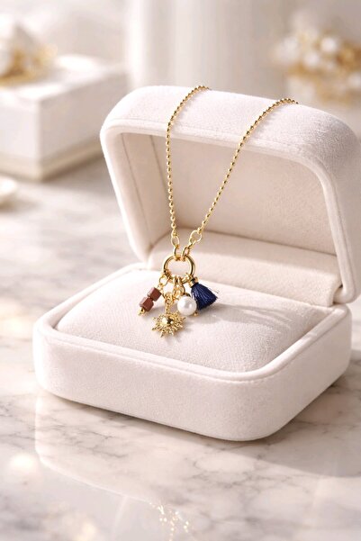 stainless steell Çelik Renkli Taş Detaylı Dümen Kapama Gold Güneş Kolye