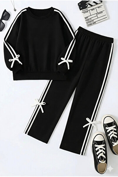 uyguntarz Kız Çocuk Siyah Yanları Şeritli Fiyonk Detaylı İkili Eşofman Takımı...