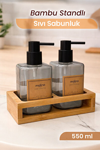naturelove 2'li Cam Sıvı Sabunluk Seti - Dekoratif Ahşap Standlı Banyo & Mutf...