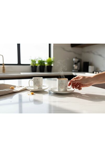 Turkuaz Porselen Altın Hayat Ağacı 2 Kişilik 4 Parça Porselen Kahve Fincanı T...